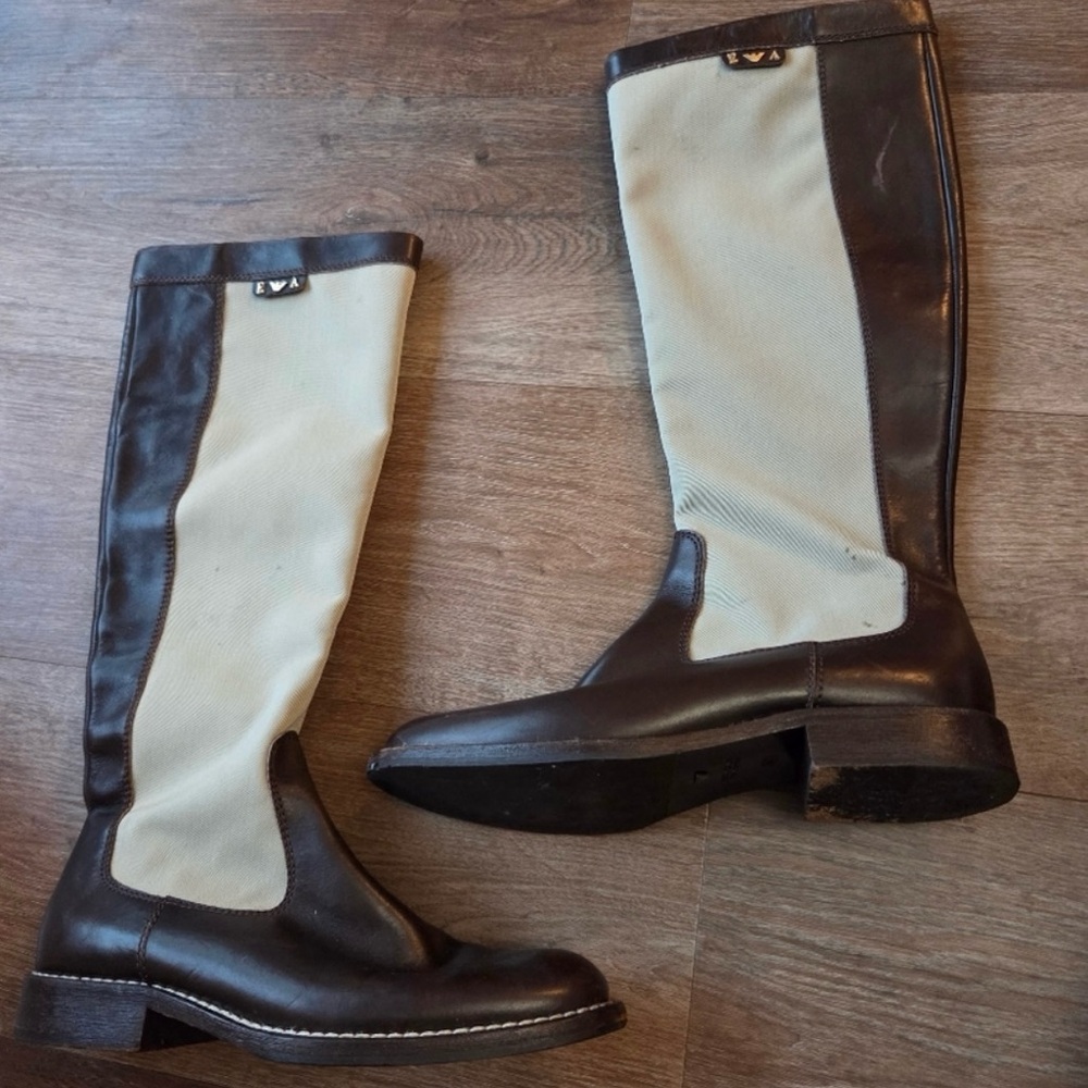 Emporio Armani Brown and Cream Over the Knee Boots